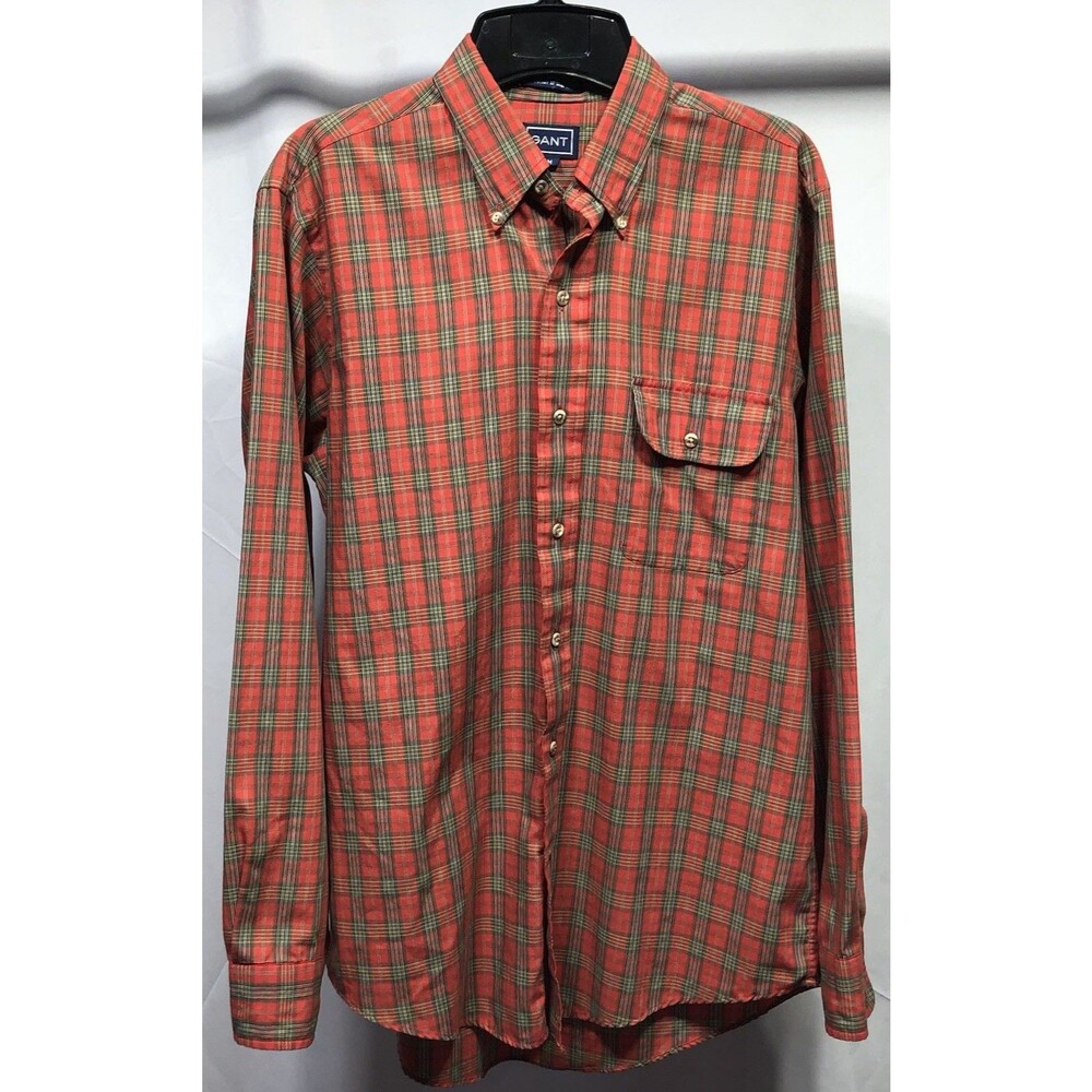 Vintage Gant button up Oxford shirt M red plaid tartan longsleeve collar Cabin